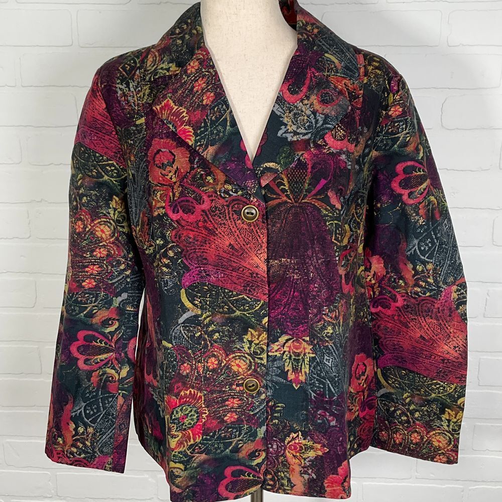 Chicos Blazer Women 2 Large 12 Colorful Butterfly Floral Cottage Core Boho‎